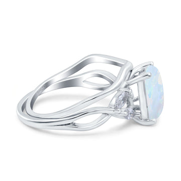 Two Piece Art Deco Emerald Cut Wedding Ring Lab Created White Opal 925 Sterling Silver